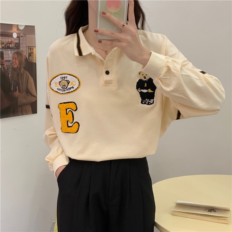 Áo Thun Nữ Dài Tay Cổ Polo Thêu Hình Gấu Mới