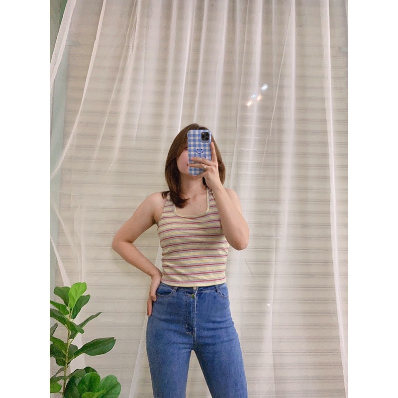 Áo croptop nữ chất cotton, áo ba lỗ cộc tay kiểu ôm vải co giãn Thun gân đũa màu sọc