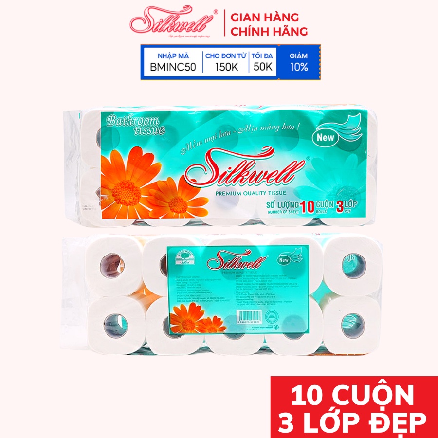 Giấy vệ sinh Silkwell Xanh ngọc 10 cuộn 3 lớp có lõi, siêu mềm mịn không tẩy trắng