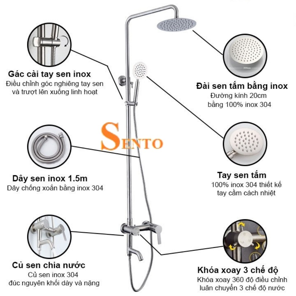 Bộ Sen Tắm - Sen Cây Vòi Hoa Sen Tắm Đứng Nóng Lạnh Chất Liệu SUS304 Cho Dòng Nước Siêu Mạnh - Bảo Hành 24 Tháng