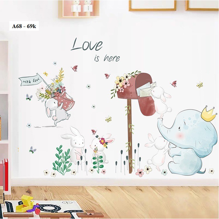 Decal dán tường Voi thỏ Love is Here A68 - Decal dán tường Hàn Quốc