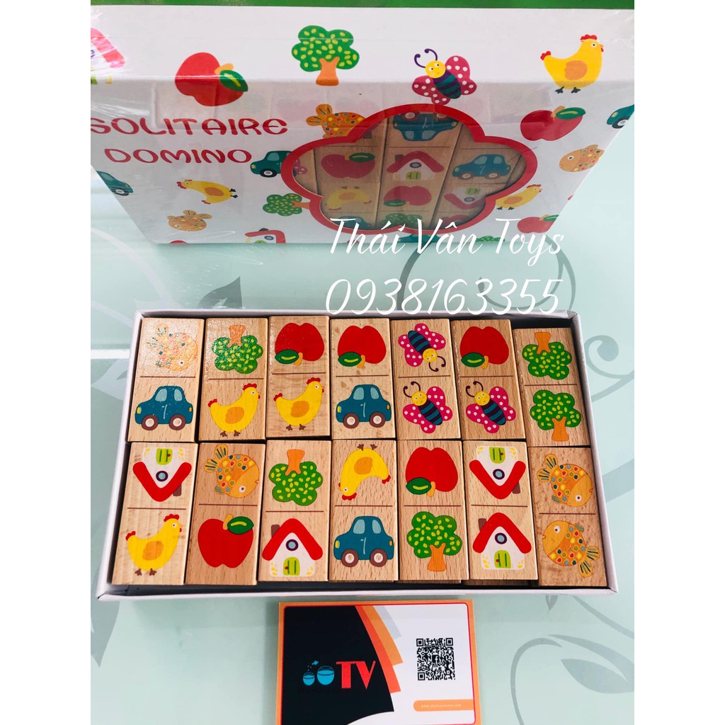 Đồ chơi gỗ nhập khẩu xếp hình domino | Bộ trò chơi Domino 28 chi tiết hoa văn dễ thương bằng gỗ