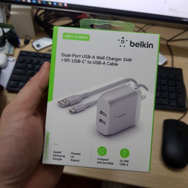 Bộ sạc cáp Belkin 24W 2 cổng,Cáp typeC bọc dù,cực bền bỉ dài 1.5m