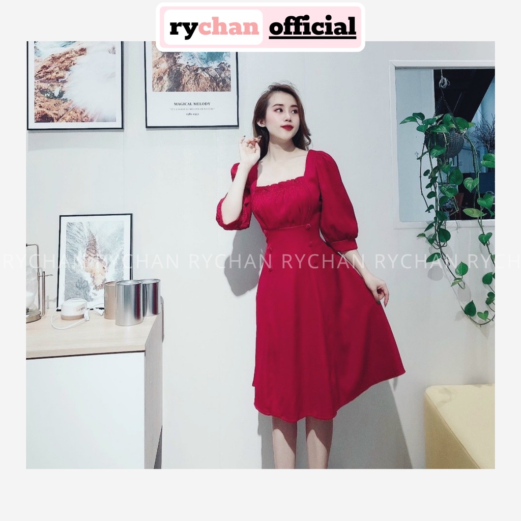 Đầm Xòe Nhún Ngực Cổ Vuông Dài Tay Chiết Eo Nút Bọc 3 Màu Mint Hồng Đỏ - DX9961