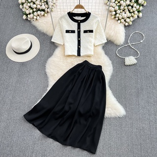 #1941 [Order] Set áo tay ngắn cổ tròn + chân váy đen dáng A thanh lịch có size 3 màu