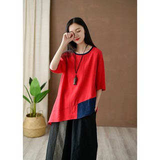 Áo linen chắp vá lệch tà