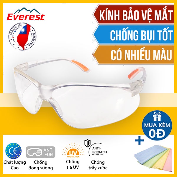 (Chính hãng) Kính bảo hộ chống UV Everest EV 201. Kính bảo hộ trắng trong chống tía UV, chống bụi, cản gió