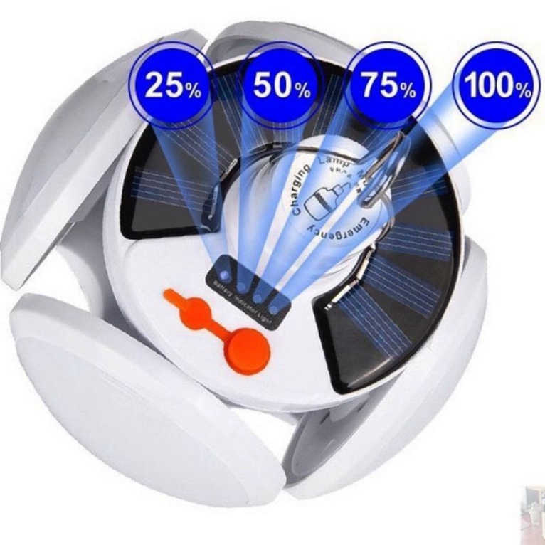 Đèn tích điện có tấm năng lượng mặt trời 4 cánh xoèFREESHIPBóng đèn led tích điện có sạc có móc treo tiện lợi