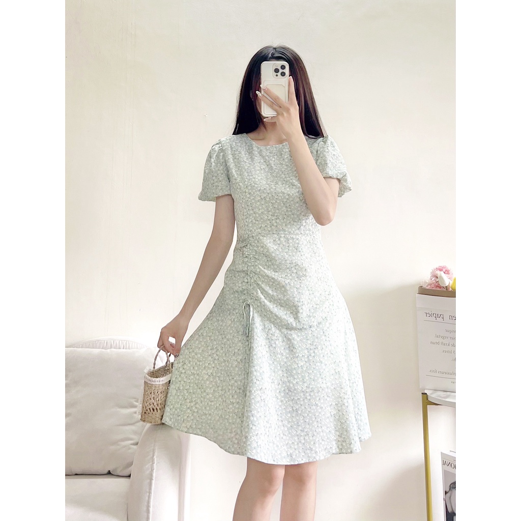 Váy thiết kế AURORA hoa nhí 2 lớp nhún eo cổ tròn bóp eo hack dáng tôn da chất liệu tơ dệt thoáng mát