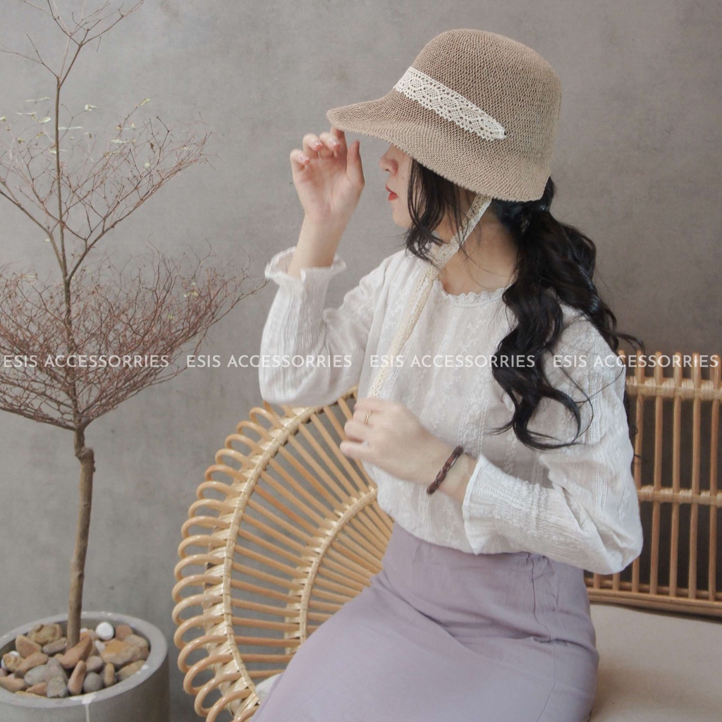 MŨ CÓI NỮ CAO CẤP, NÓN CÓI VÀNH RỘNG PHỐI DÂY REN ĐI BIỂN PHONG CÁCH HÀN QUỐC ESIS