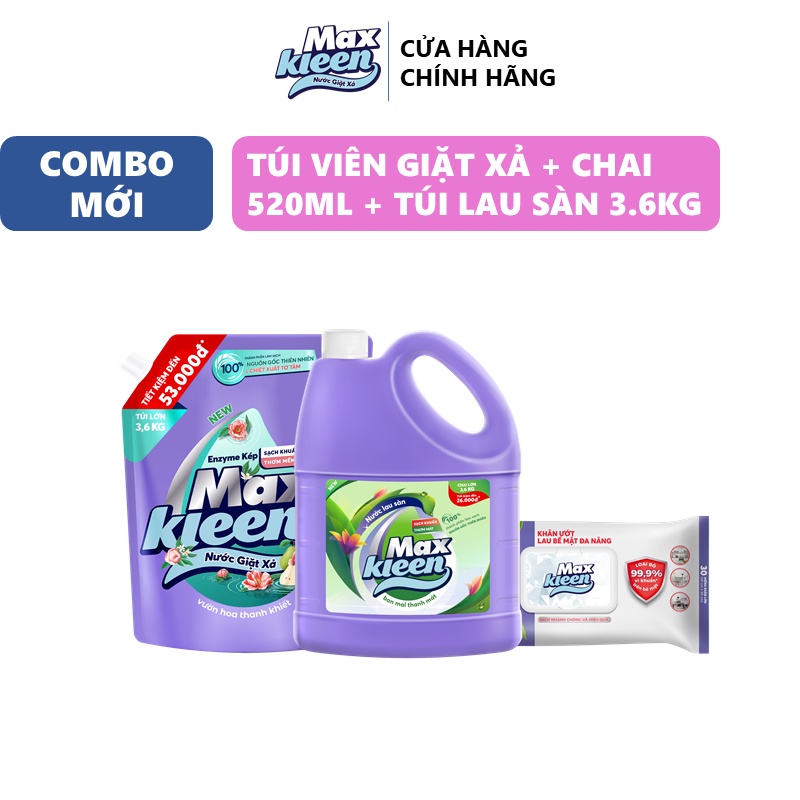 Combo Túi nước giặt xả thiên nhiên 3.6kg + Chai nước lau sàn ban mai 3.6kg + Khăn lau đa năng MaxKleen