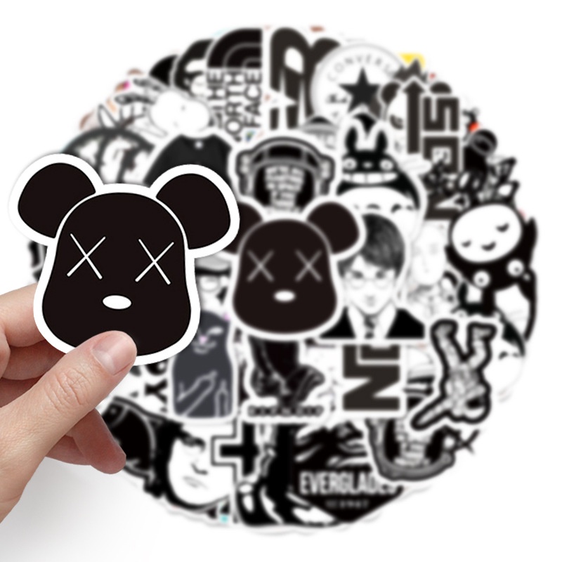 Combo 30 Sticker Chống Nước Decal Dán Điện Thoại Laptop Mũ Bảo Hiểm Vali Guitar Bình Nước Sổ Tay [Hoạt Hình Đen Trắng]