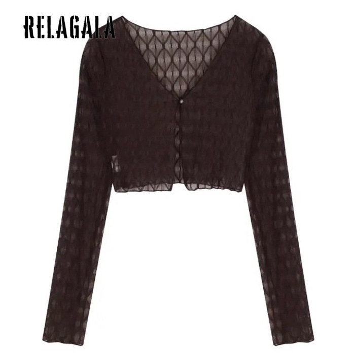 Áo cardigan Relagala dáng ôm cổ chữ V màu trơn cổ điển thời trang cho nữ