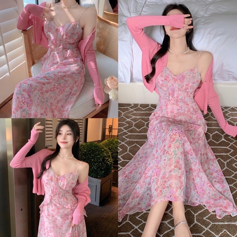 Đầm hai dây hoa hồng  khí chất pháp phong cách nhẹ nhàng quyến rũ thời trang nữ mùa hè hebe's MSP C47P