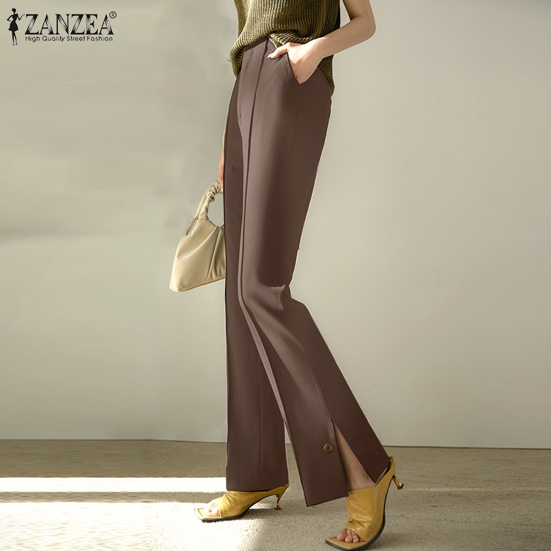 Quần dài ZANZEA ống loe xẻ tà phong cách trẻ trung thanh lịch dành cho nữ