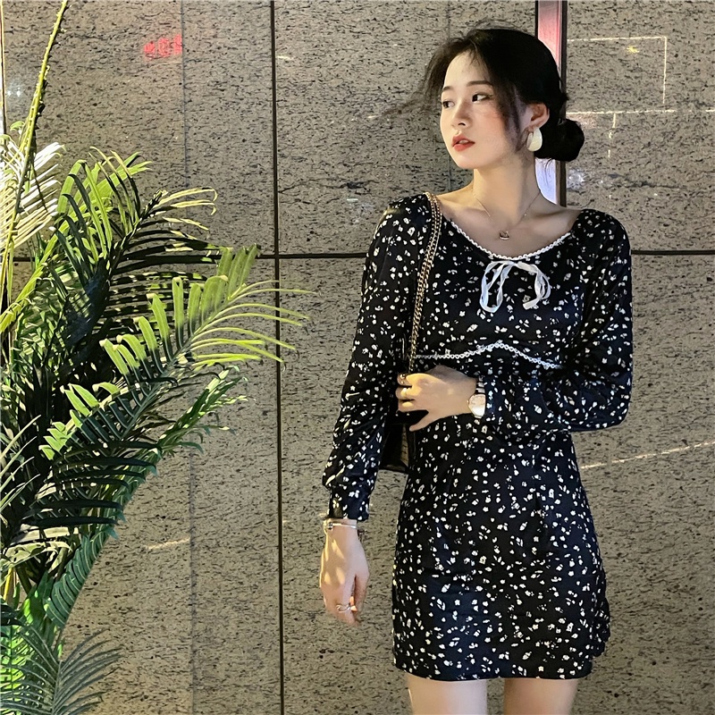 Đầm ngắn dáng ôm in hoa kiểu retro Hàn Quốc thời trang mùa thu mới cho nữ