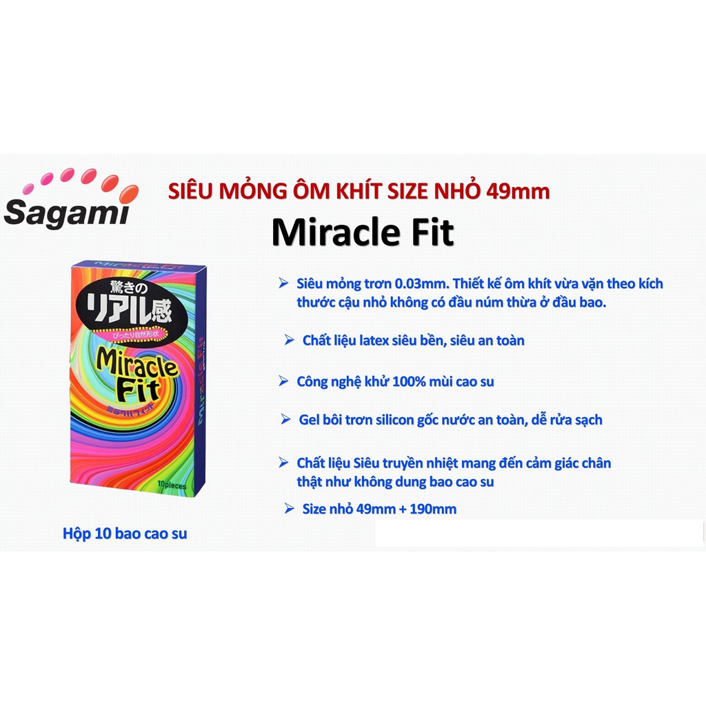 [SAGAMI] Bao cao su siêu mỏng siêu ôm khít size nhỏ 49mm Sagami MIRACLE FIT hộp 10 bao cao su