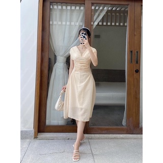 Đầm midi voan tơ xếp eo cổ V