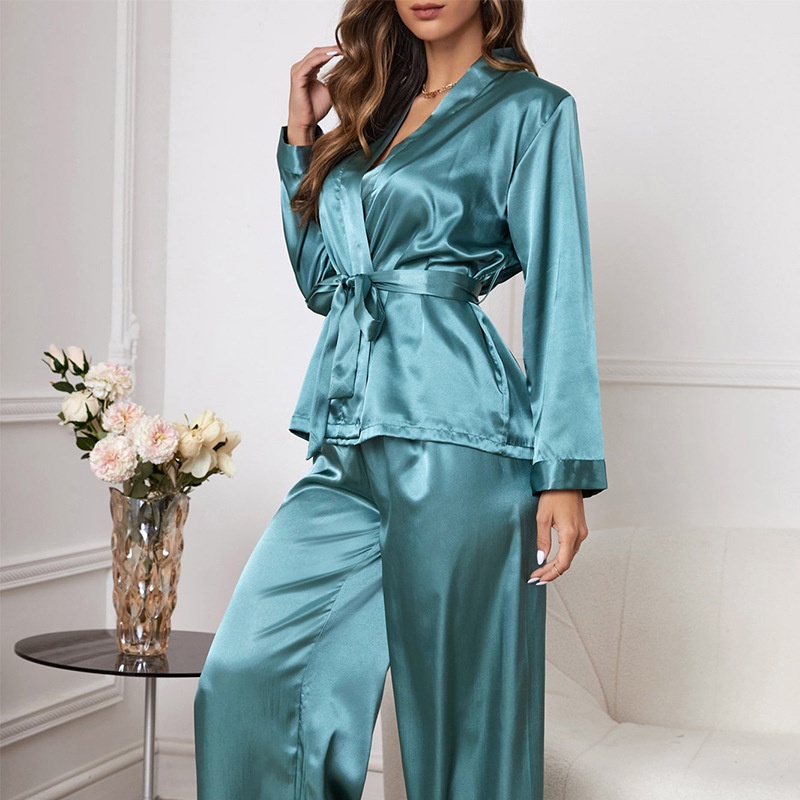 Bộ Đồ Ngủ Áo Cardigan Tay Dài Phối Quần Dài Dáng Rộng Thời Trang Quyến Rũ Cho Nữ