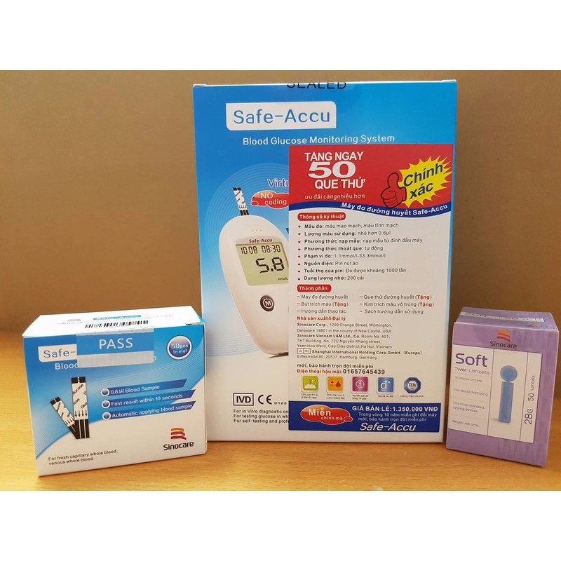 Combo que thử đường huyết Safe Accu Sinocare 50 que + 50 Kim chích máu