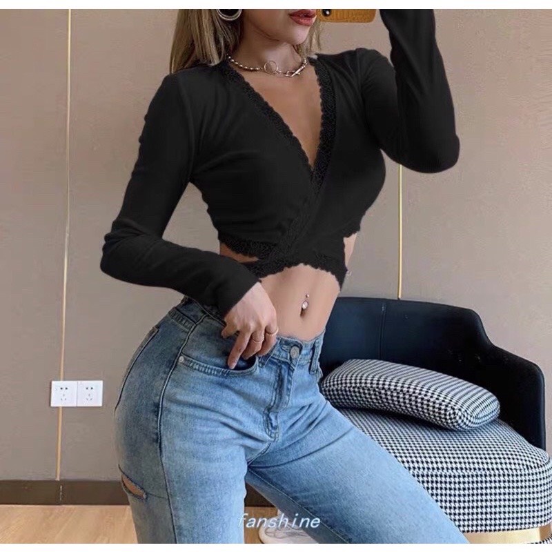 Áo croptop tay dài phối ren cột dây eo quyến rũ - 746