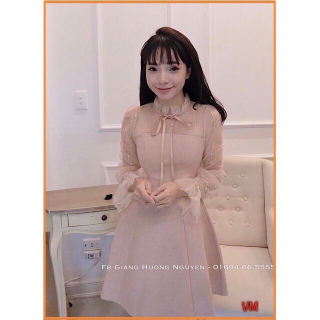Đầm dự tiệc dáng xòe phối tay lưới hàng thiết kế - Váy dạ phối tay lưới cổ nơ mẫu mới giá tốt