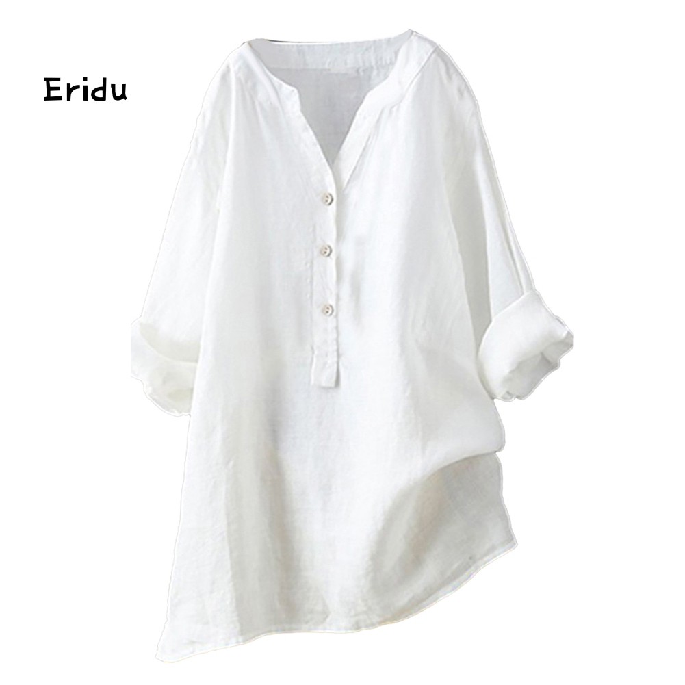 Korean Plus Size Women Solid Color V Neck Long Sleeve Shirt Loose Linen Blouse Top | BigBuy360 - bigbuy360.vn