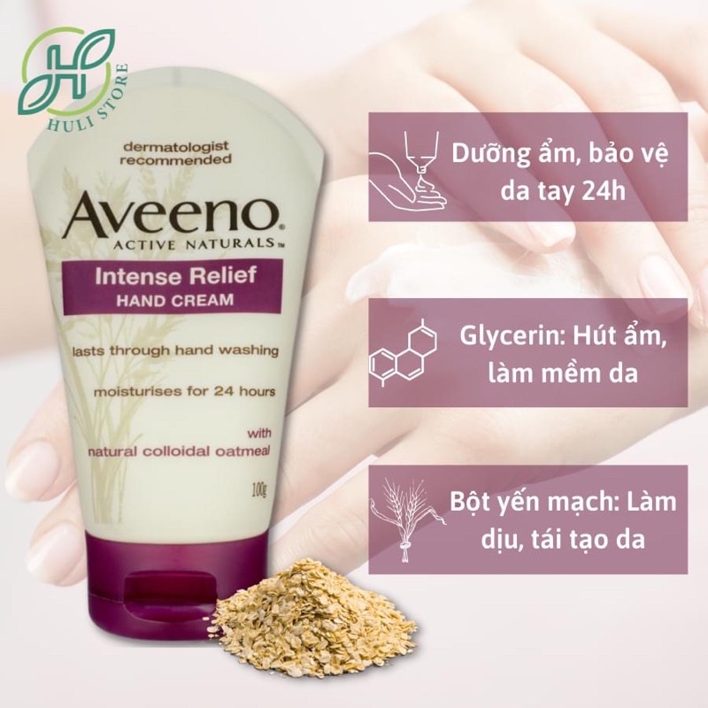 Kem dưỡng da tay từ yến mạch cấp ẩm 24 giờ Aveeno Intense Relief Hand Cream 100g