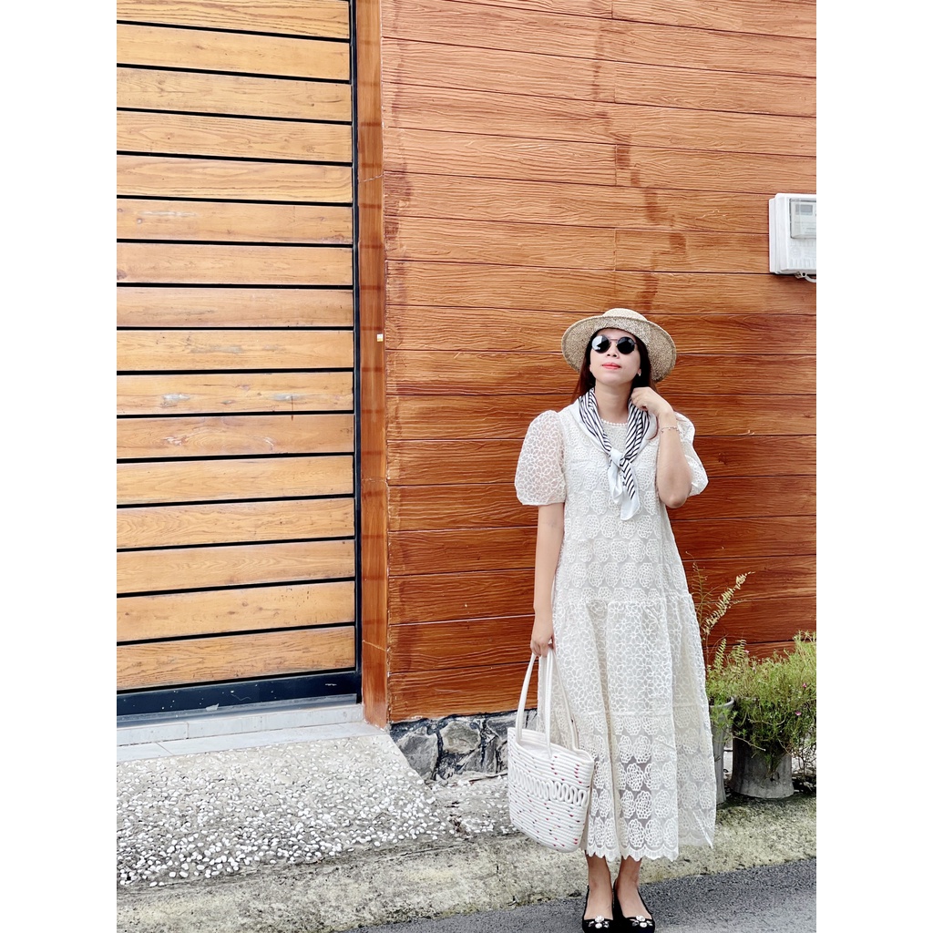 (HÀNG SẴN) Váy babydoll dáng dài chất ren thêu, đầm suông dài form rộng BIGSIZE màu kem tay ngắn có lớp lót