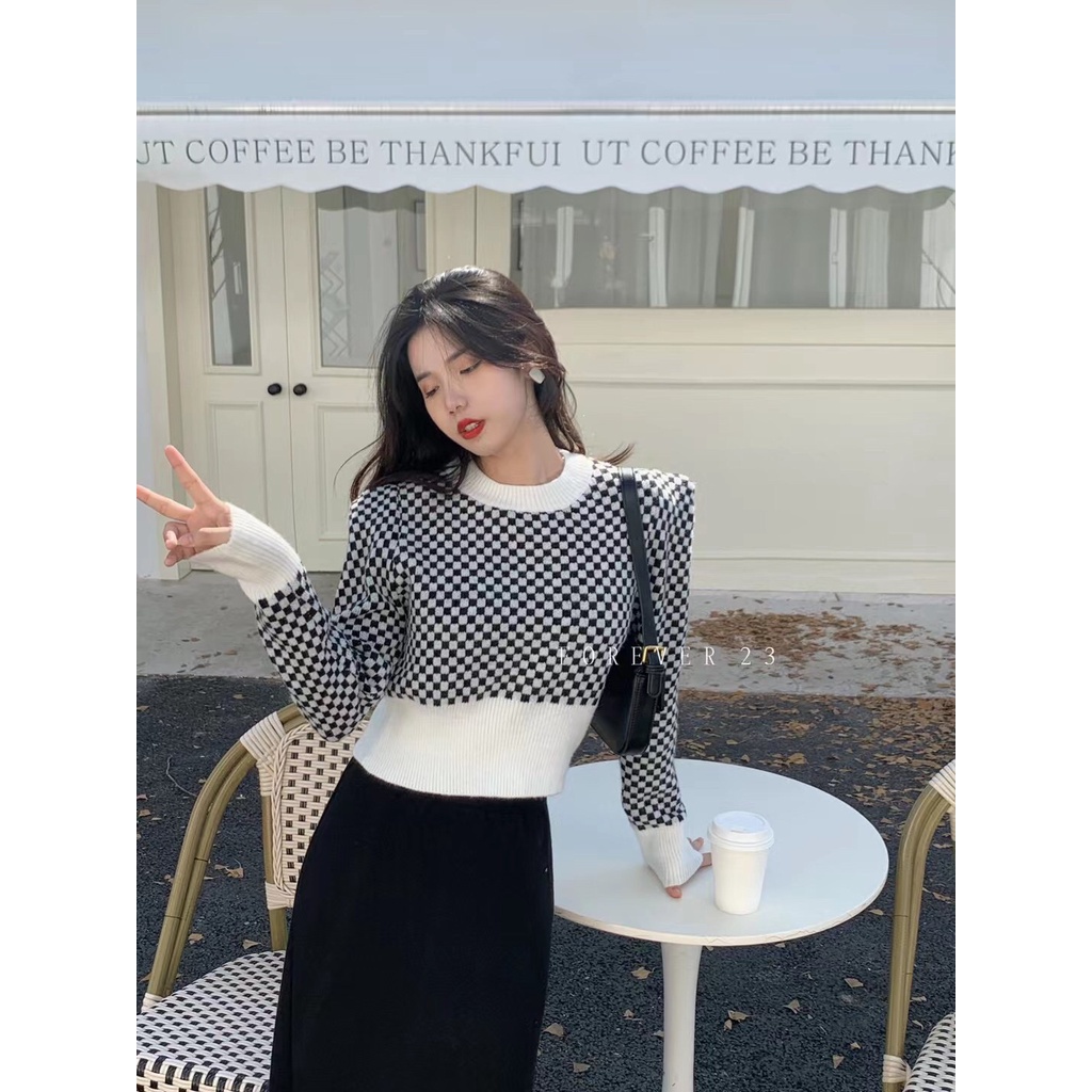 SUXI Áo croptop dệt kim tay dài cổ tròn họa tiết kẻ sọc thời trang Hàn Quốc cho nữ