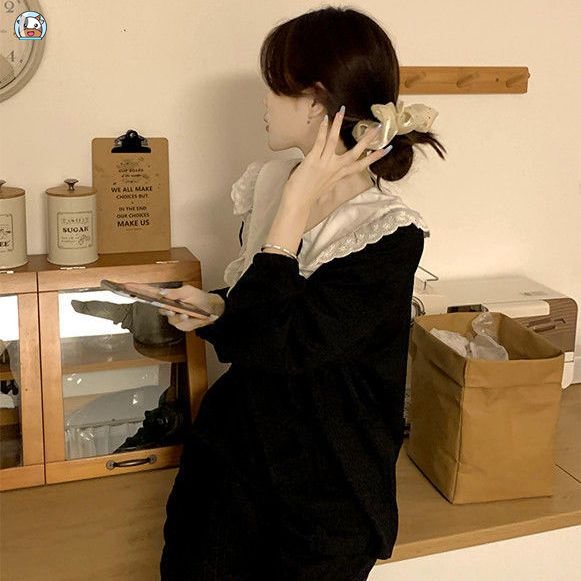 Bộ Đồ Ngủ Tay Dài Màu Trơn Đính Nơ Đen Phong Cách Hàn Quốc Thời Trang Xuân Thu Cho Nữ