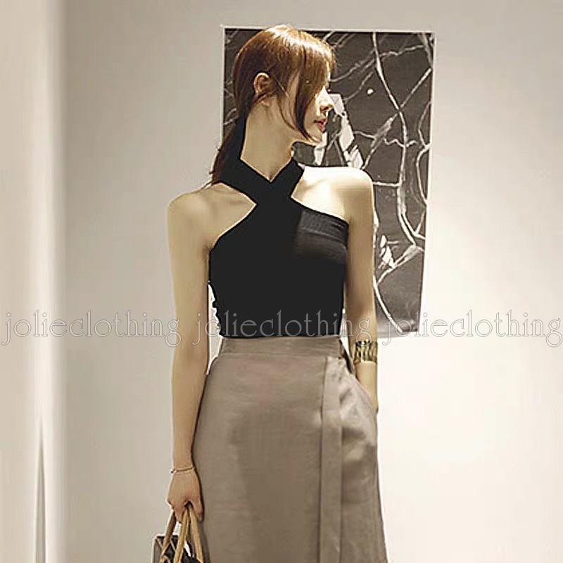 Áo Yếm Hai Dây Dáng Croptop Chất Thun Dày Dặn Co Giãn Màu Đen Sexy Quyến Rũ