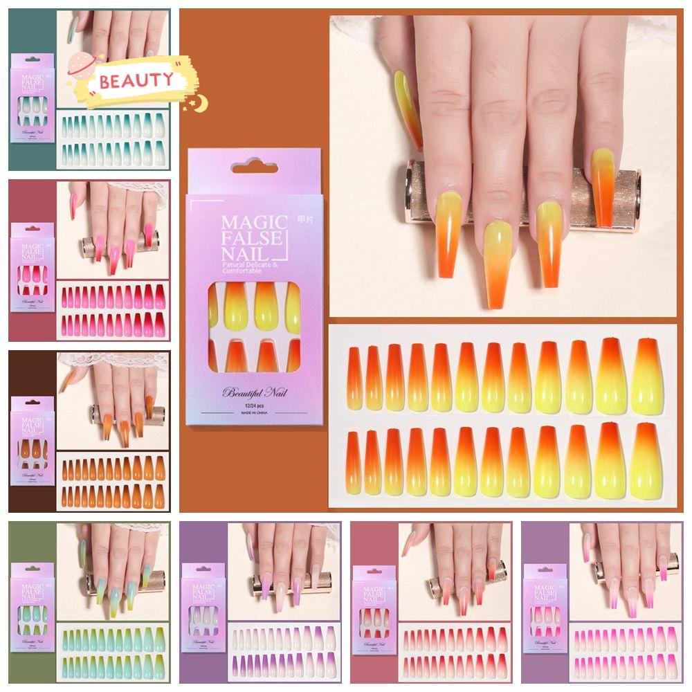 ❈BEAUTY❈ 24pcs/Set Detachable Fake Nails Acrylic Full Cover False Nail Tips Long Coffin DIY Manicure Ballerina Beauty Tools Gradient Colorful