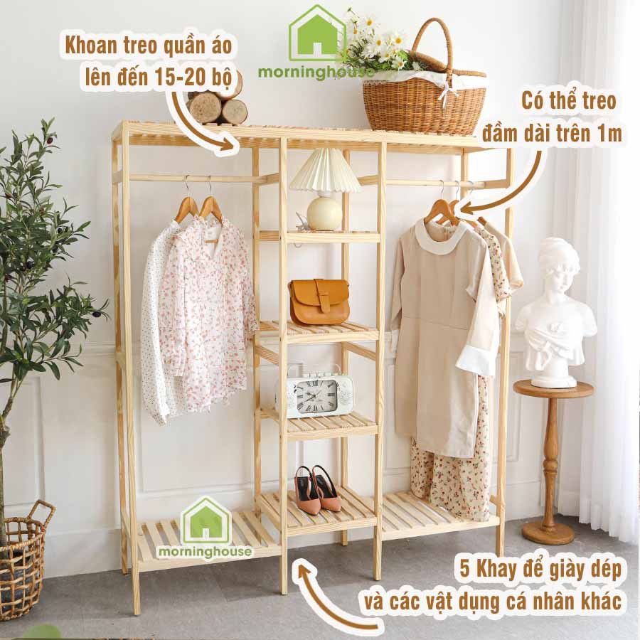 Tủ Treo Quần Áo Gỗ Morning House 135x150 cm. Tủ Quần Áo Gỗ Lắp Ráp Triple Hanger