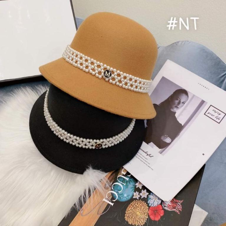 Mũ dạ vành cụp đai ngọc gắn hoa cao cấp siêu hot