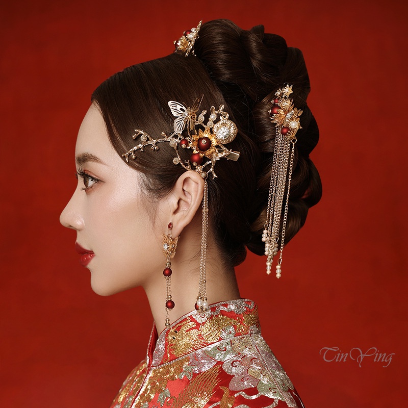 Bộ vương miện và bông tai GETNOIVAS phong cách truyền thống Trung Hoa cổ điển cho cô dâu
