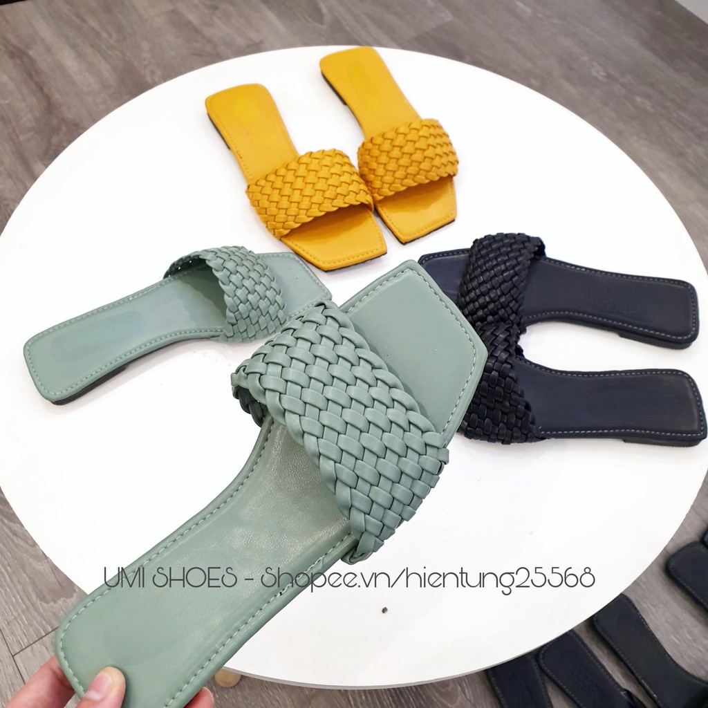 [TRẦN CHỈ ĐẸP] Dép lê nữ quai ngang đan bện CRAFT mũi vuông đế bệt đi biển mùa hè màu đen/xanh/vàng đẹp hot trend 2020 | BigBuy360 - bigbuy360.vn