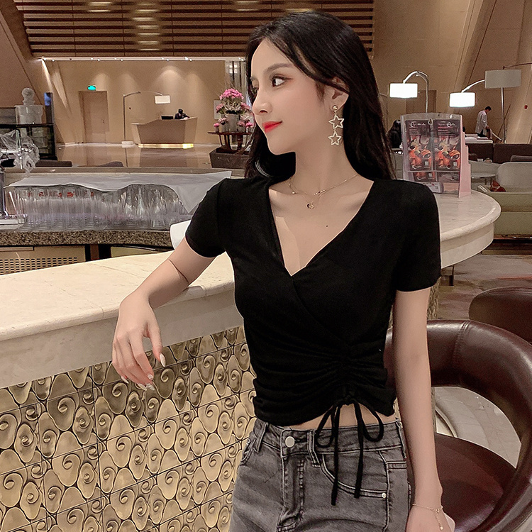 Korean Style White Lace-up Tight Short SleeveTShirt Women's Short Style CropVCollar Drawstring Slim Top