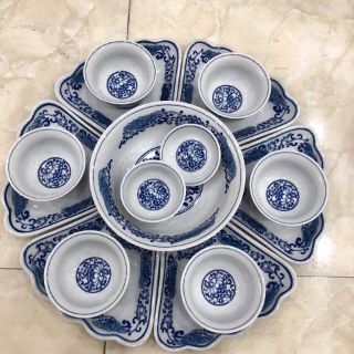 Bộ đĩa bát hoa mặt trời men lam