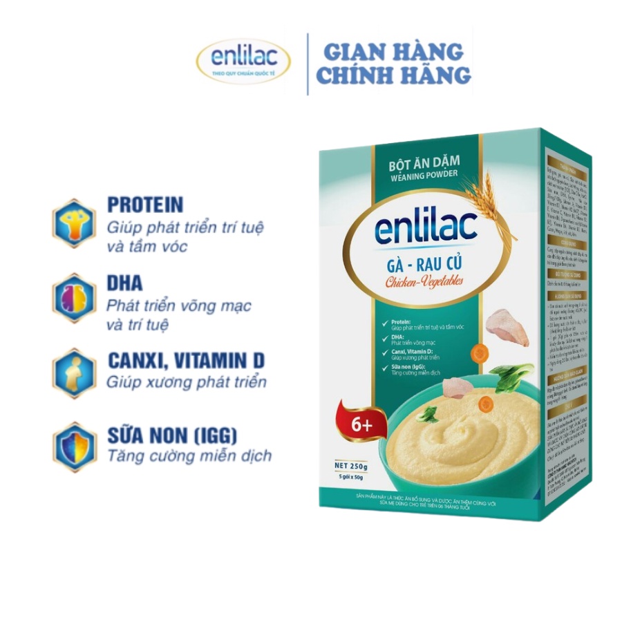 Bột ăn dặm Gà - Rau Củ ENLILAC bổ sung dinh dưỡng cho bé, giúp xương phát triển Hộp 250g