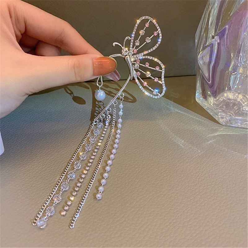 Khuyên tai đeo bên trái Haimeikang mặt hình bướm đính đá pha lê ngọc trai phong cách Hàn Quốc thời trang cá tính