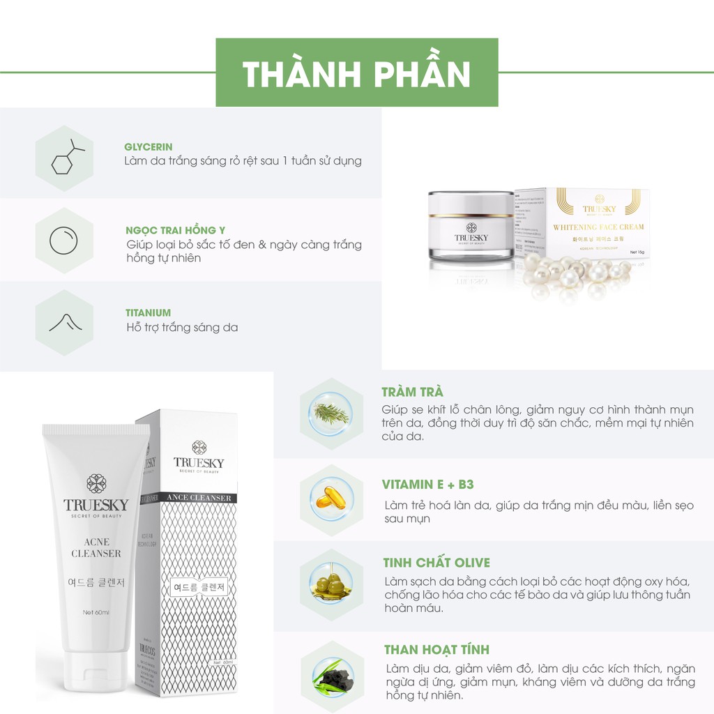 Bộ sản phẩm làm trắng và ngăn ngừa mụn Truesky gồm 1 kem dưỡng trắng da mặt 20g + 1 gel rửa mặt ngừa mụn 50g | BigBuy360 - bigbuy360.vn