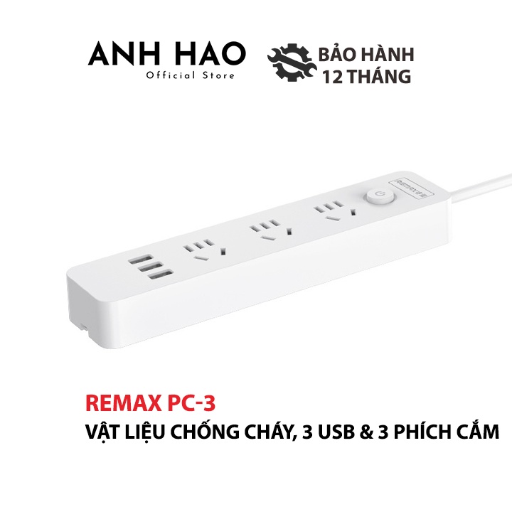 Ổ cắm điện thông minh Remax PC-3 hỗ trợ 3 cổng USB và 3 phích cắm - công suất tải lên đến 2500W