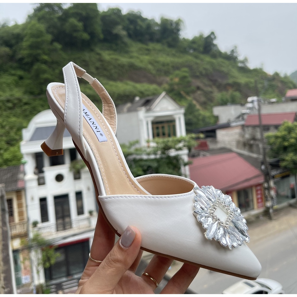 Sandal da mịn bít mũi nhọn nơ đá tròn trắng gót nhọn - 5P