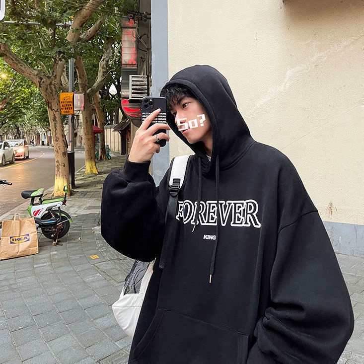 Áo hoodie lót nhung dáng rộng phong cách Hàn Quốc năng động