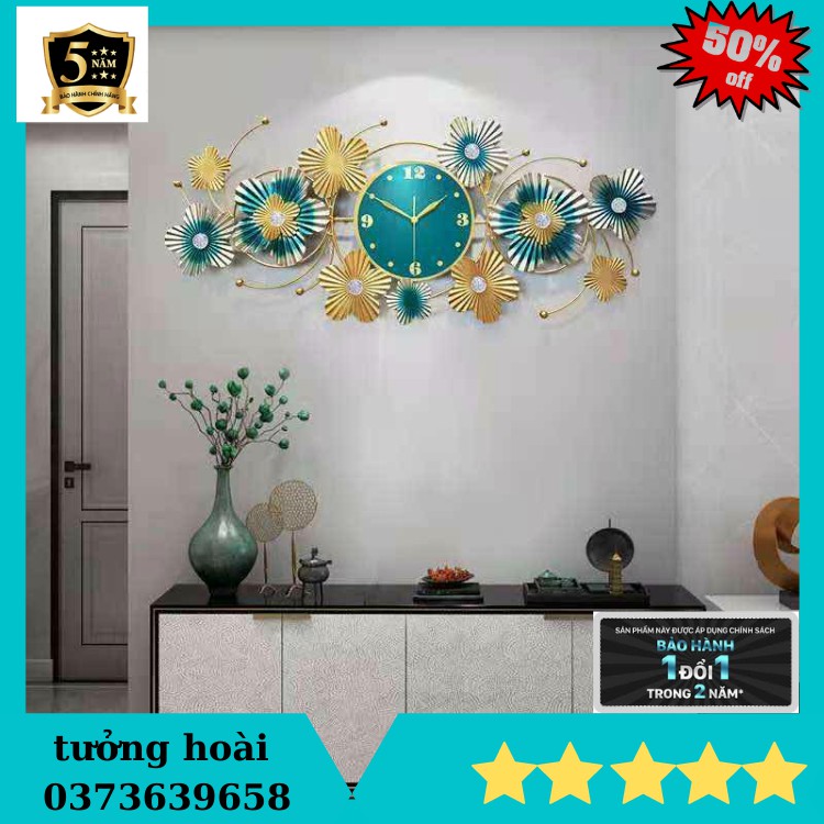 Đồng hồ treo tường trang trí họa tiết hoa mai xanh-mã 2096-kt 100*45cm