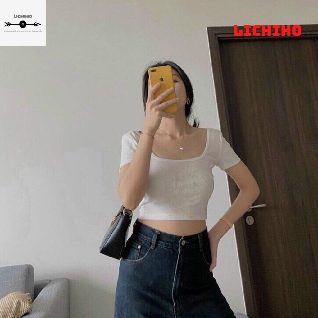 Áo croptop cổ vuông buộc nơ sau lưng CT10 LICHIHO áo thun nữ mềm mịn quyến rủ | BigBuy360 - bigbuy360.vn