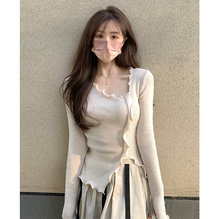 Áo Thun Dệt Kim Tay Dài Màu Sắc Trơn Phong Cách Hàn Quốc