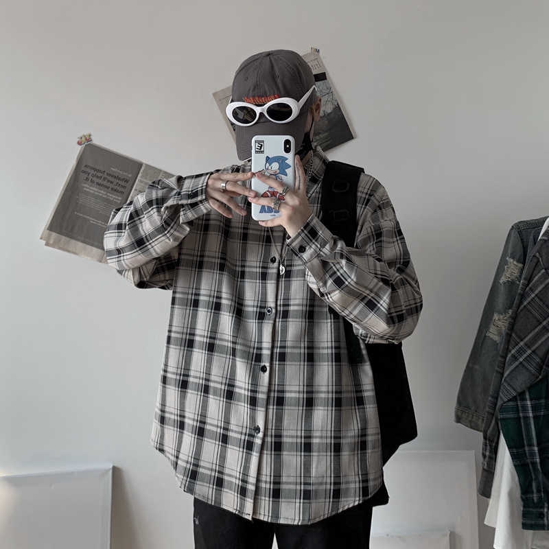 Áo sơ mi kẻ sọc ca rô dáng rộng phong cách Harajuku vintage 126063 | BigBuy360 - bigbuy360.vn