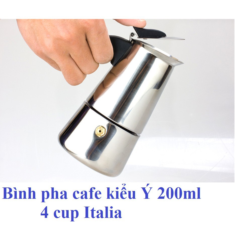 BÌNH PHA CAFE INOX 200ml, ấm pha cà phê inox 4 CUPl phong cách Ý THẨM THẤU NGƯỢC kiểu dáng thể thao hiện đại